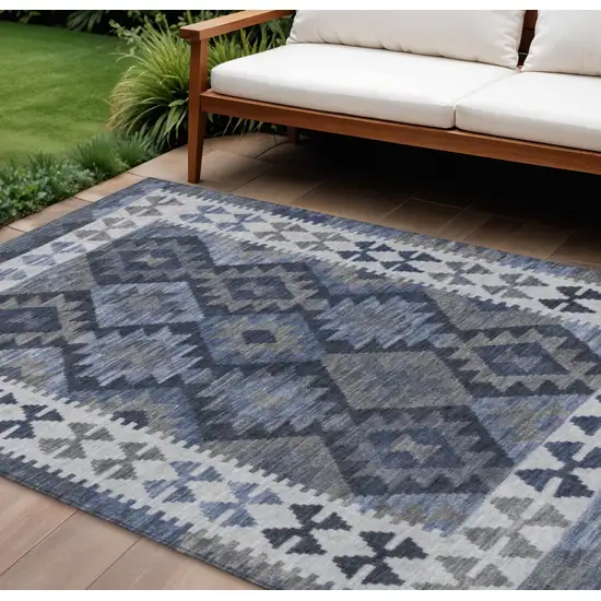 Navy Blue Ivory And Gray Tribal Washable Indoor Outdoor Area Rug Photo 2