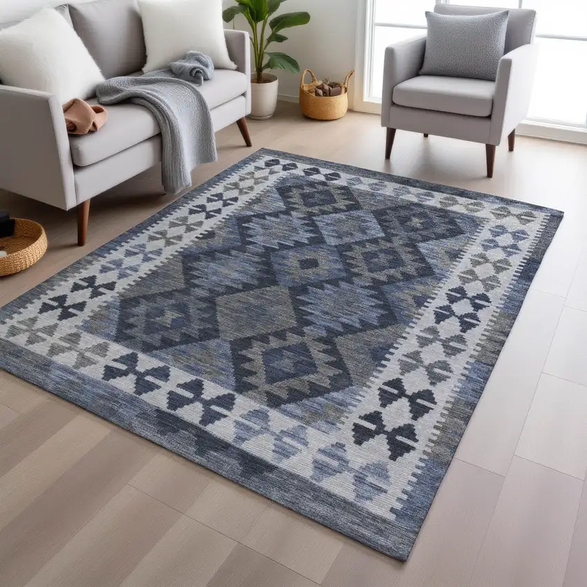 Navy Blue Ivory And Gray Tribal Washable Indoor Outdoor Area Rug Photo 6