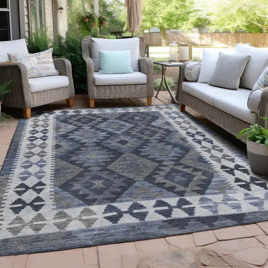 Navy Blue Ivory And Gray Tribal Washable Indoor Outdoor Area Rug Photo 5