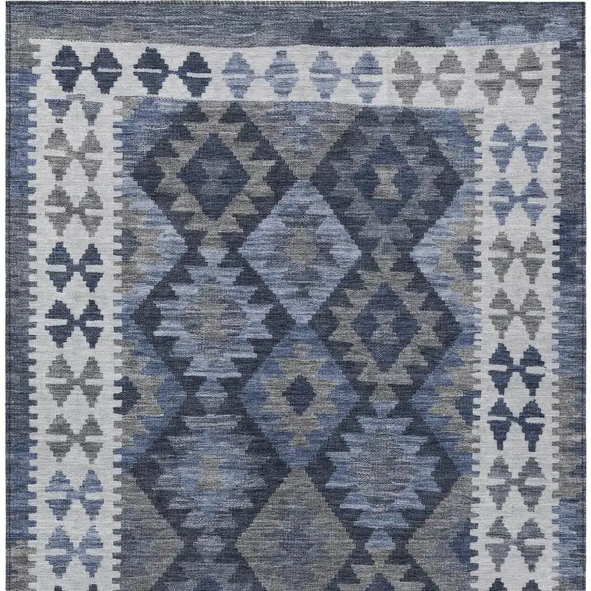 Navy Blue Ivory And Gray Tribal Washable Indoor Outdoor Area Rug Photo 3