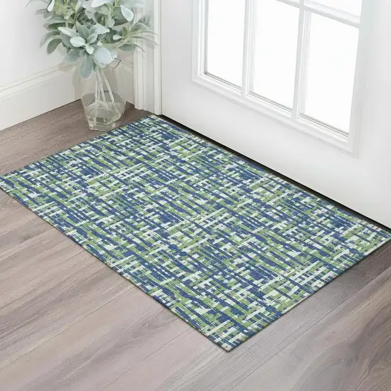 Navy Blue Ivory And Green Abstract Geometric Washable Area Rug With UV Protection Photo 2