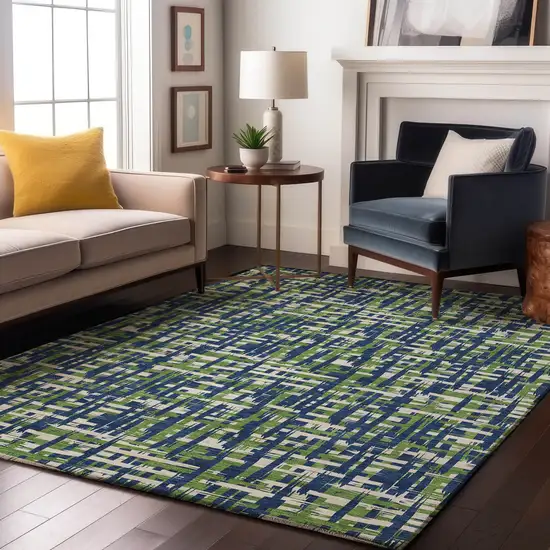 Navy Blue Ivory And Green Abstract Geometric Washable Area Rug With UV Protection Photo 4