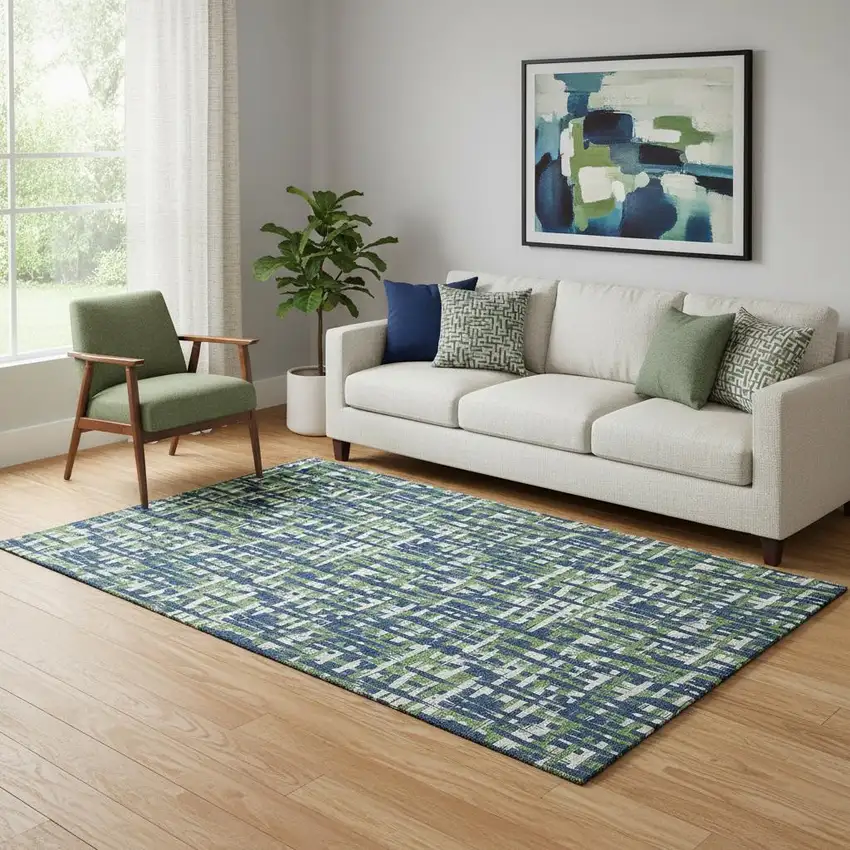 Navy Blue Ivory And Green Abstract Geometric Washable Area Rug With UV Protection Photo 2