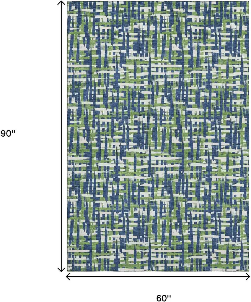 Navy Blue Ivory And Green Abstract Geometric Washable Area Rug With UV Protection Photo 8