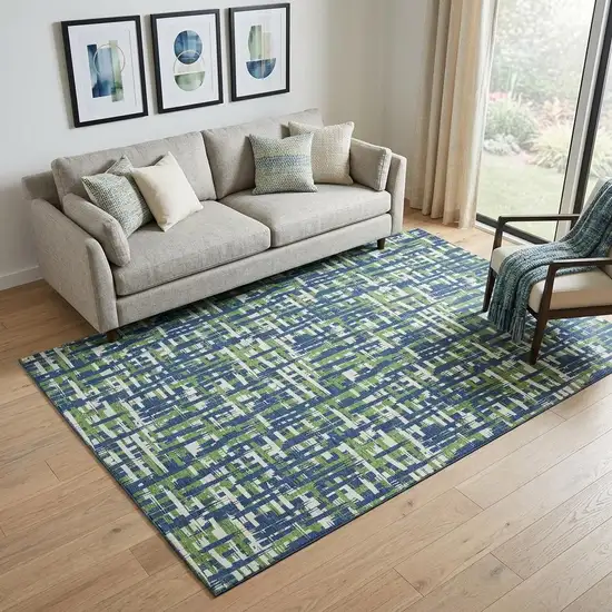 Navy Blue Ivory And Green Abstract Geometric Washable Area Rug With UV Protection Photo 1