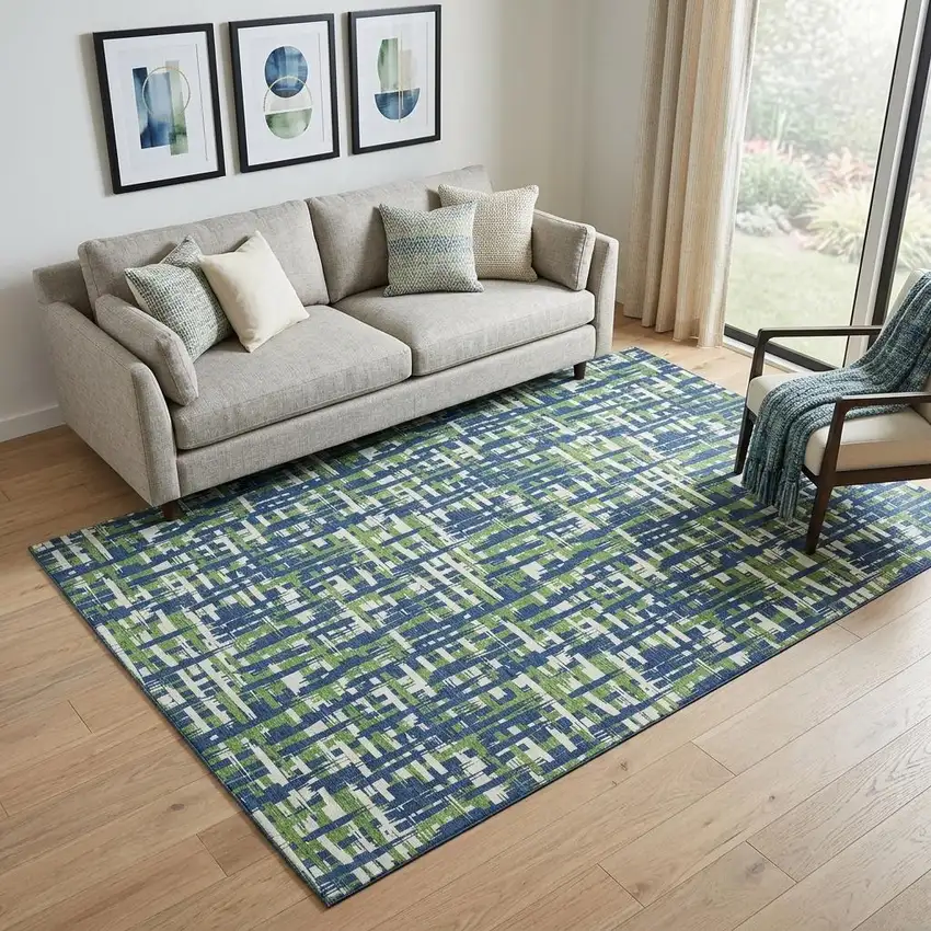 Navy Blue Ivory And Green Abstract Geometric Washable Area Rug With UV Protection Photo 1