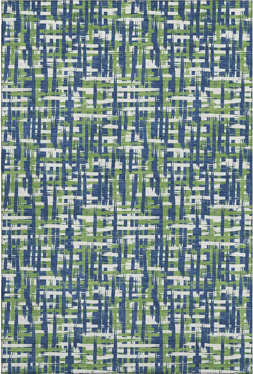 Navy Blue Ivory And Green Abstract Geometric Washable Area Rug With UV Protection Photo 1