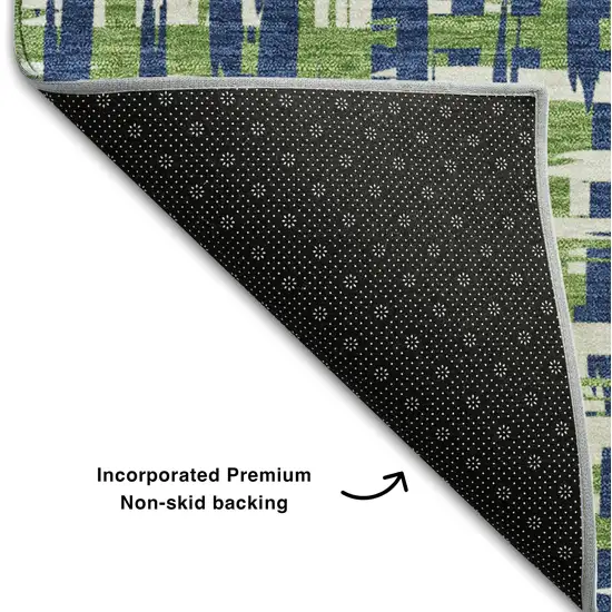 Navy Blue Ivory And Green Abstract Geometric Washable Area Rug With UV Protection Photo 6
