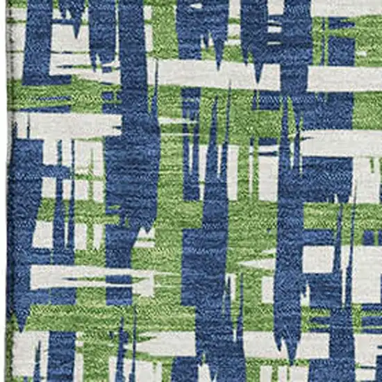 Navy Blue Ivory And Green Abstract Geometric Washable Area Rug With UV Protection Photo 2