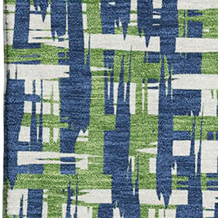 Navy Blue Ivory And Green Abstract Geometric Washable Area Rug With UV Protection Photo 2