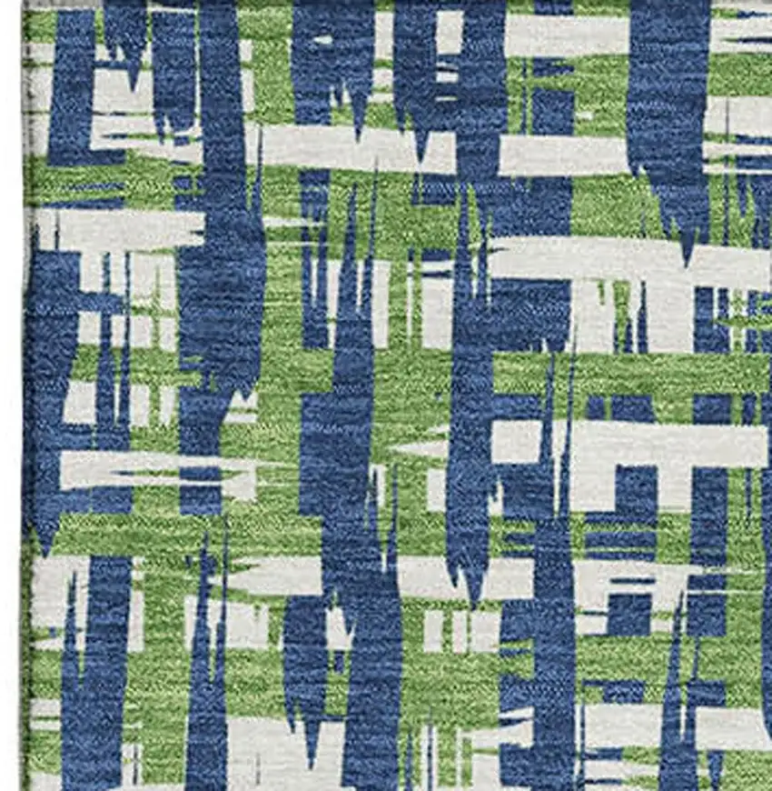 Navy Blue Ivory And Green Abstract Geometric Washable Area Rug With UV Protection Photo 3