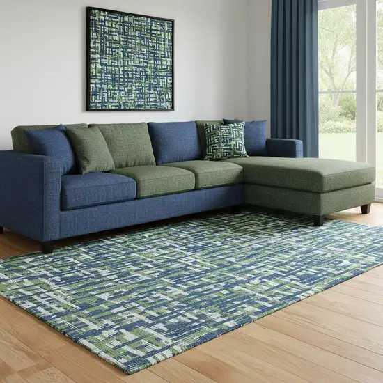 Navy Blue Ivory And Green Abstract Geometric Washable Area Rug With UV Protection Photo 2