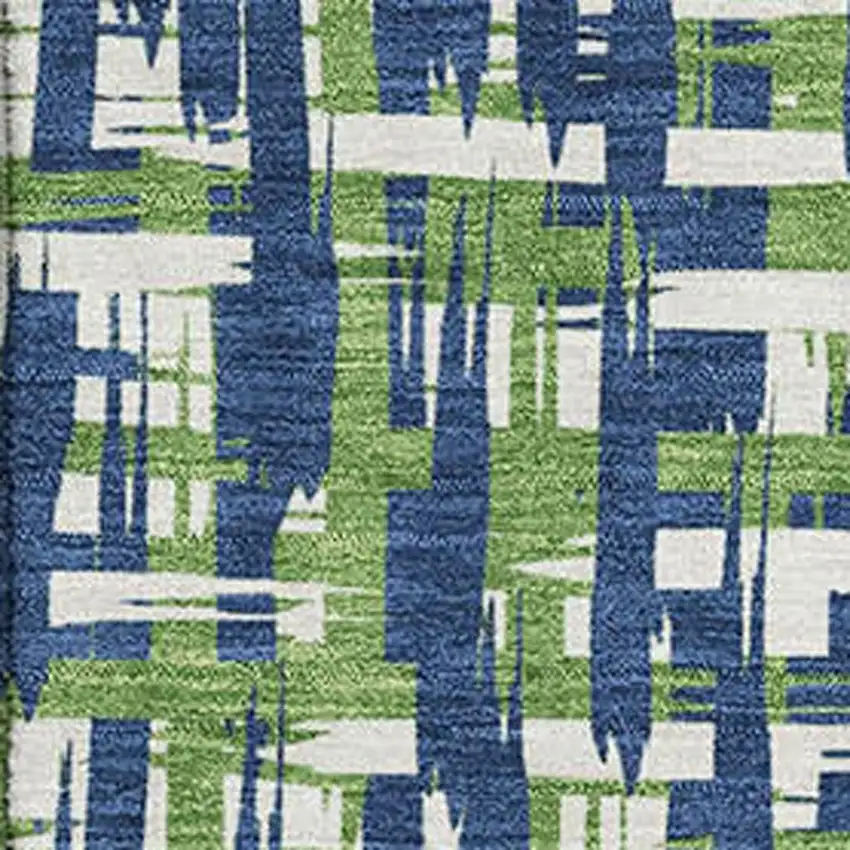 Navy Blue Ivory And Green Abstract Geometric Washable Area Rug With UV Protection Photo 2