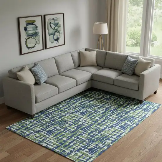 Navy Blue Ivory And Green Abstract Geometric Washable Area Rug With UV Protection Photo 2