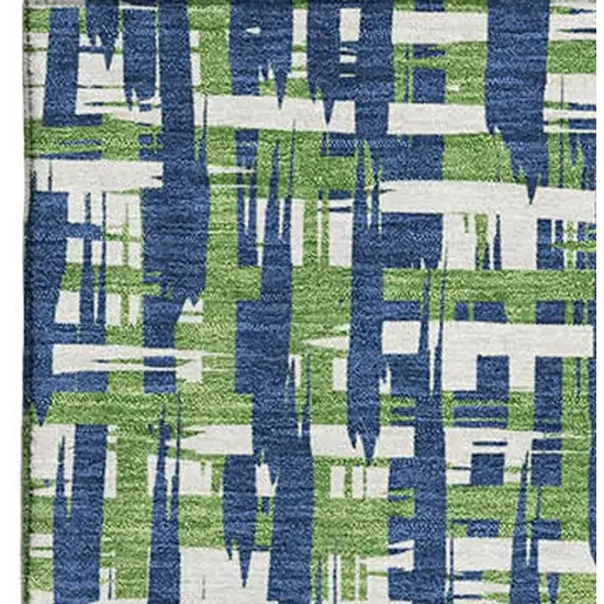 Navy Blue Ivory And Green Abstract Geometric Washable Area Rug With UV Protection Photo 3