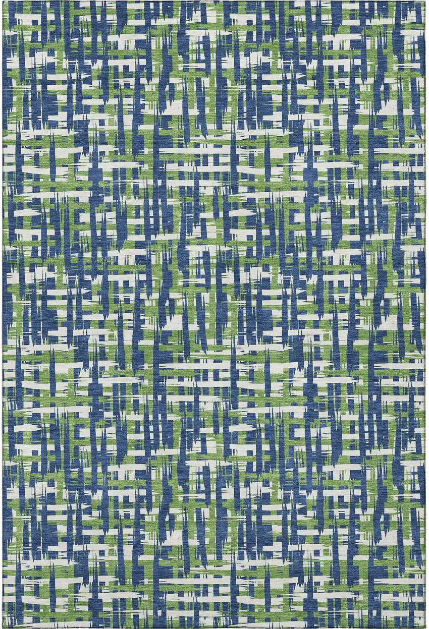 Navy Blue Ivory And Green Abstract Geometric Washable Area Rug With UV Protection Photo 2