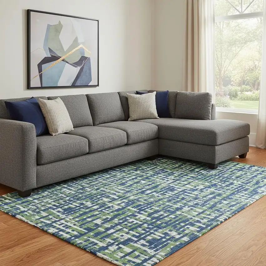 Navy Blue Ivory And Green Abstract Geometric Washable Area Rug With UV Protection Photo 2