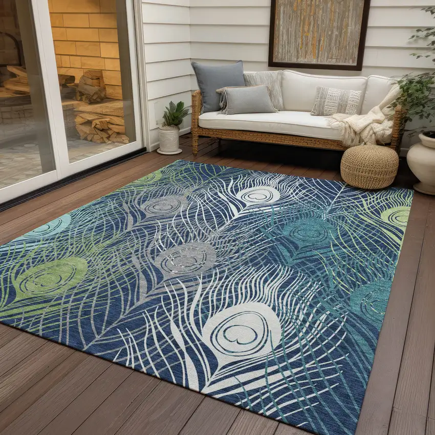 Navy Blue Ivory And Green Floral Washable Indoor Outdoor Area Rug Photo 9