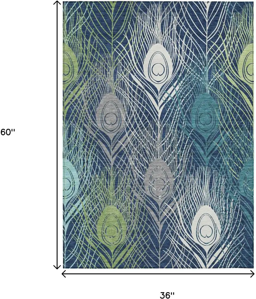 Navy Blue Ivory And Green Floral Washable Indoor Outdoor Area Rug Photo 3