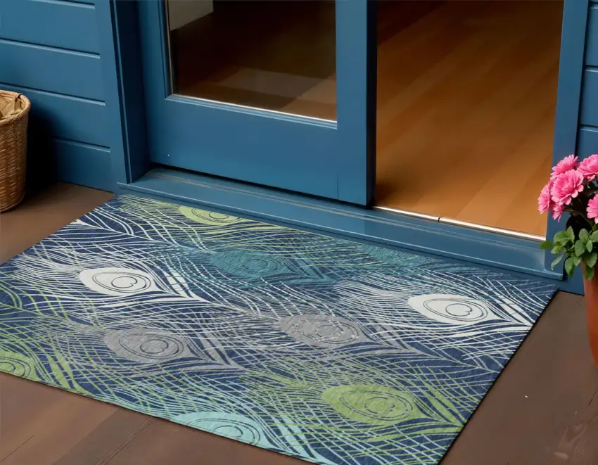 Navy Blue Ivory And Green Floral Washable Indoor Outdoor Area Rug Photo 1