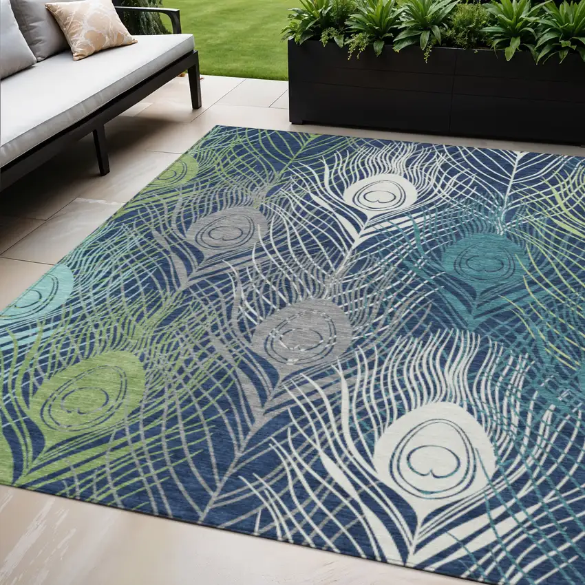 Navy Blue Ivory And Green Floral Washable Indoor Outdoor Area Rug Photo 1