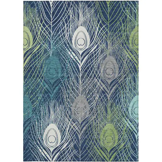 Navy Blue Ivory And Green Floral Washable Indoor Outdoor Area Rug Photo 5