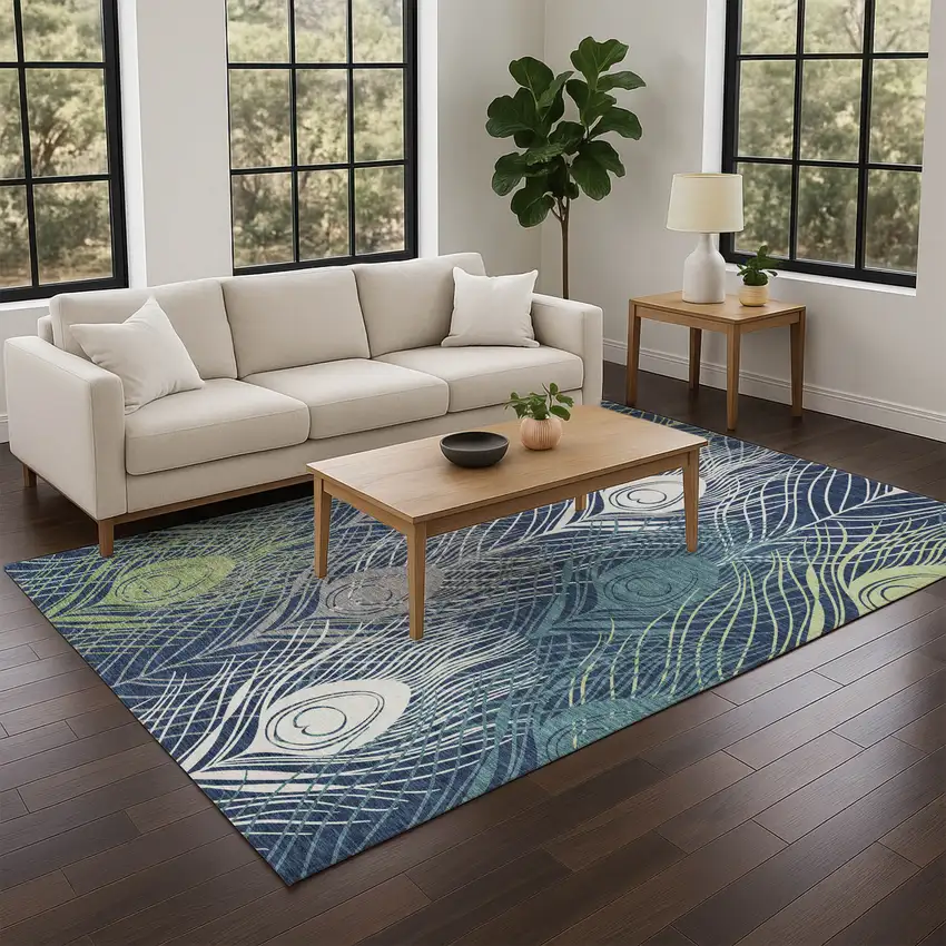 Navy Blue Ivory And Green Floral Washable Indoor Outdoor Area Rug Photo 8