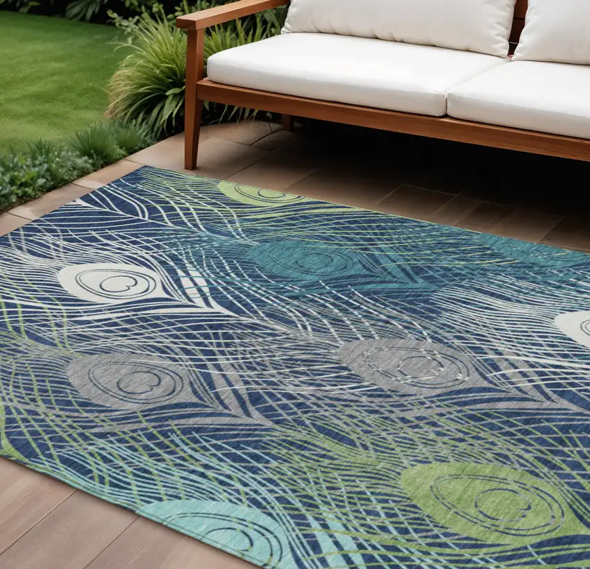 Navy Blue Ivory And Green Floral Washable Indoor Outdoor Area Rug Photo 1