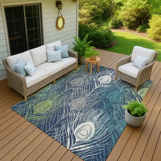 Navy Blue Ivory And Green Floral Washable Indoor Outdoor Area Rug Photo 7
