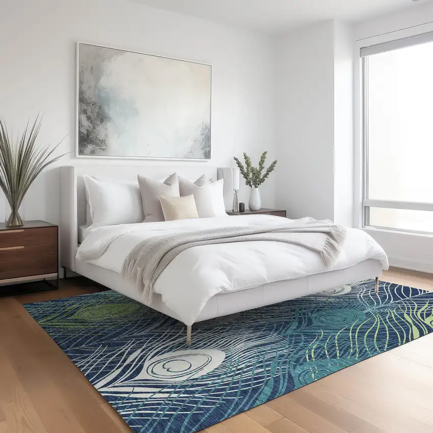 Navy Blue Ivory And Green Floral Washable Indoor Outdoor Area Rug Photo 9