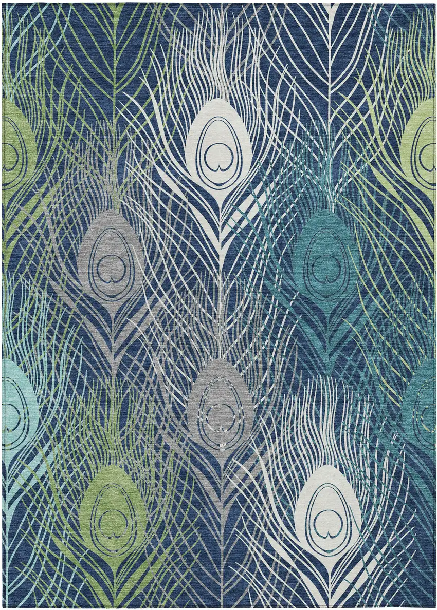 Navy Blue Ivory And Green Floral Washable Indoor Outdoor Area Rug Photo 2