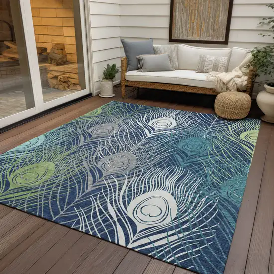 Navy Blue Ivory And Green Floral Washable Indoor Outdoor Area Rug Photo 9