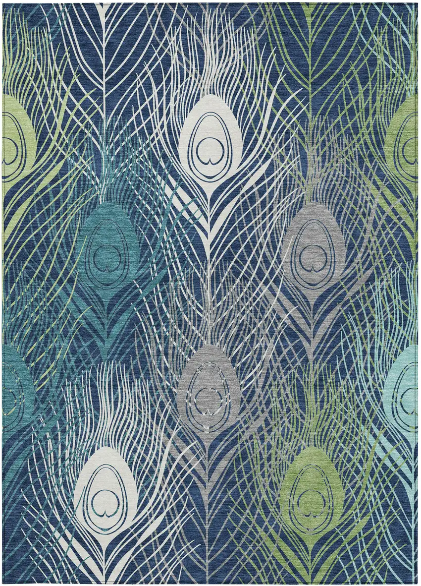 Navy Blue Ivory And Green Floral Washable Indoor Outdoor Area Rug Photo 4