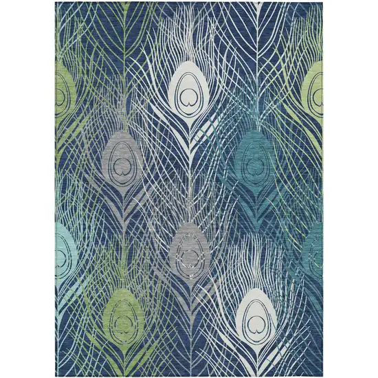 Navy Blue Ivory And Green Floral Washable Indoor Outdoor Area Rug Photo 2