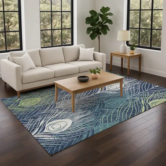 Navy Blue Ivory And Green Floral Washable Indoor Outdoor Area Rug Photo 8