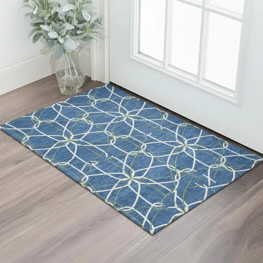 Navy Blue Ivory And Green Geometric Washable Area Rug With UV Protection Photo 2