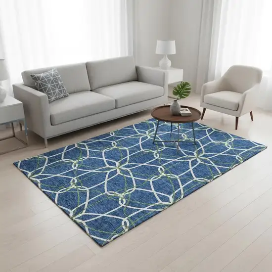 Navy Blue Ivory And Green Geometric Washable Area Rug With UV Protection Photo 2