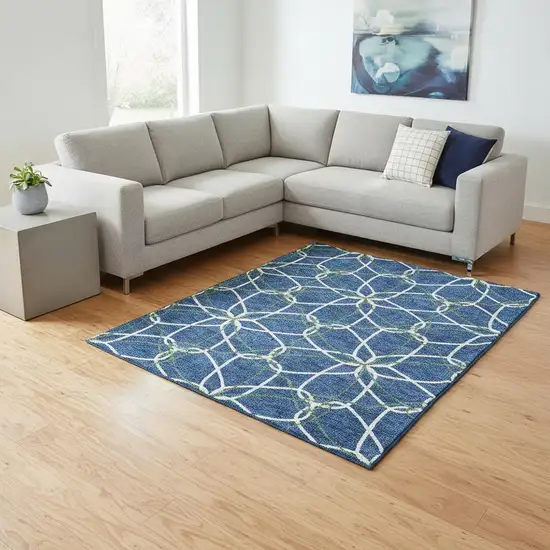 Navy Blue Ivory And Green Geometric Washable Area Rug With UV Protection Photo 2