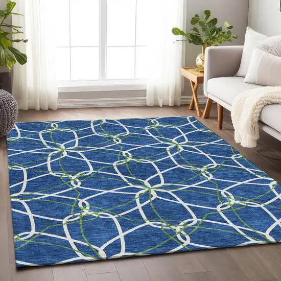 Navy Blue Ivory And Green Geometric Washable Area Rug With UV Protection Photo 4