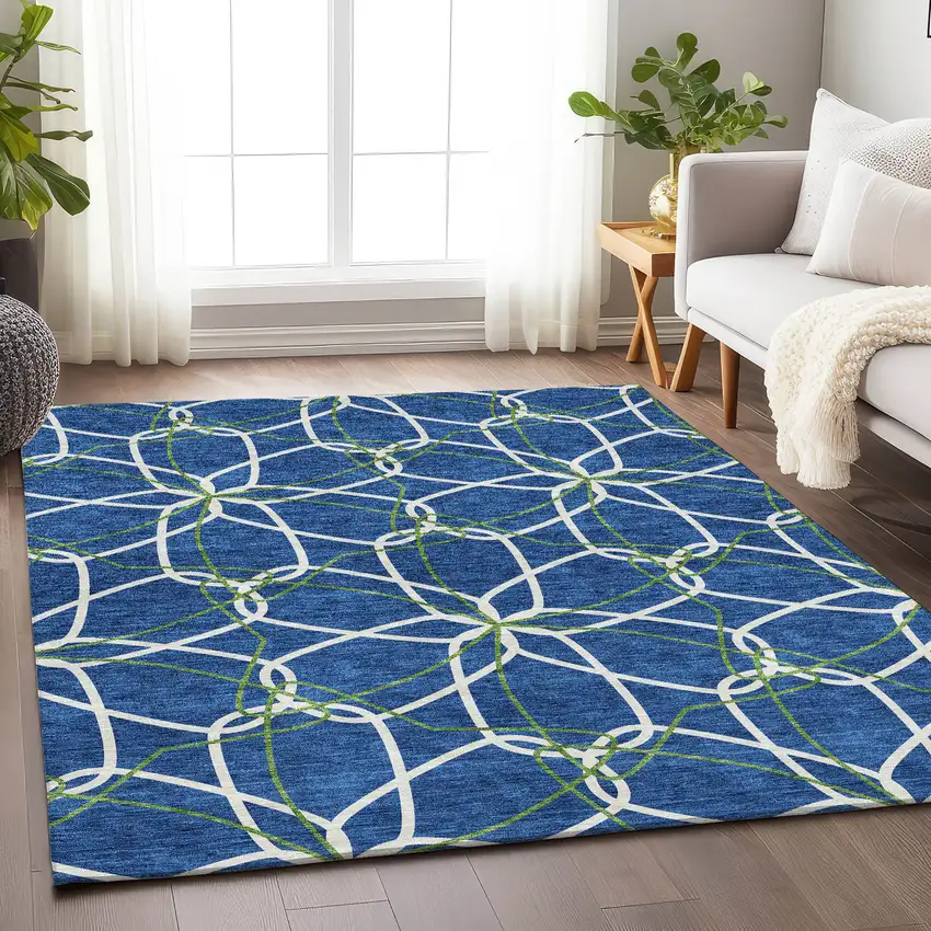Navy Blue Ivory And Green Geometric Washable Area Rug With UV Protection Photo 4