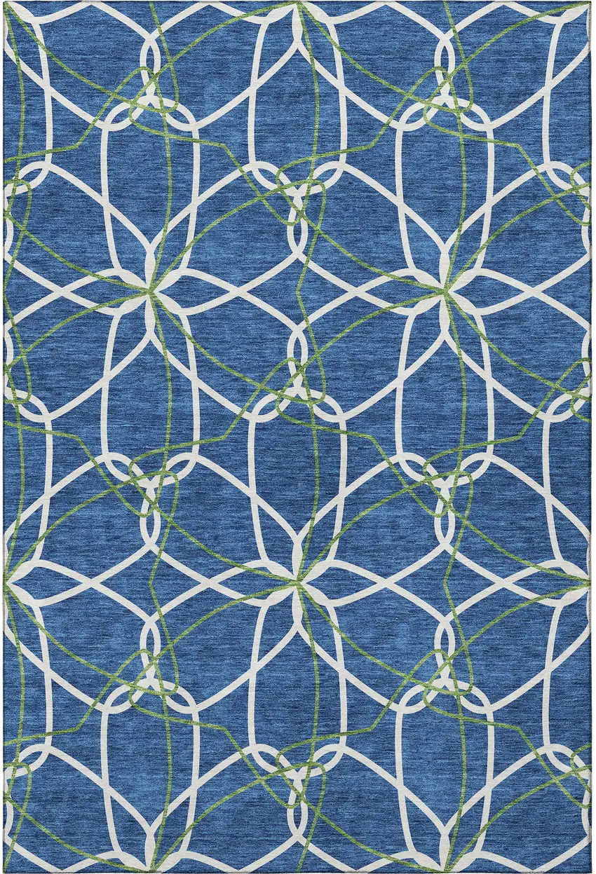 Navy Blue Ivory And Green Geometric Washable Area Rug With UV Protection Photo 3