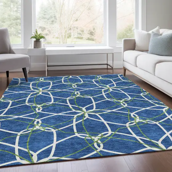 Navy Blue Ivory And Green Geometric Washable Area Rug With UV Protection Photo 5