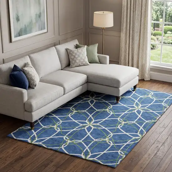 Navy Blue Ivory And Green Geometric Washable Area Rug With UV Protection Photo 1