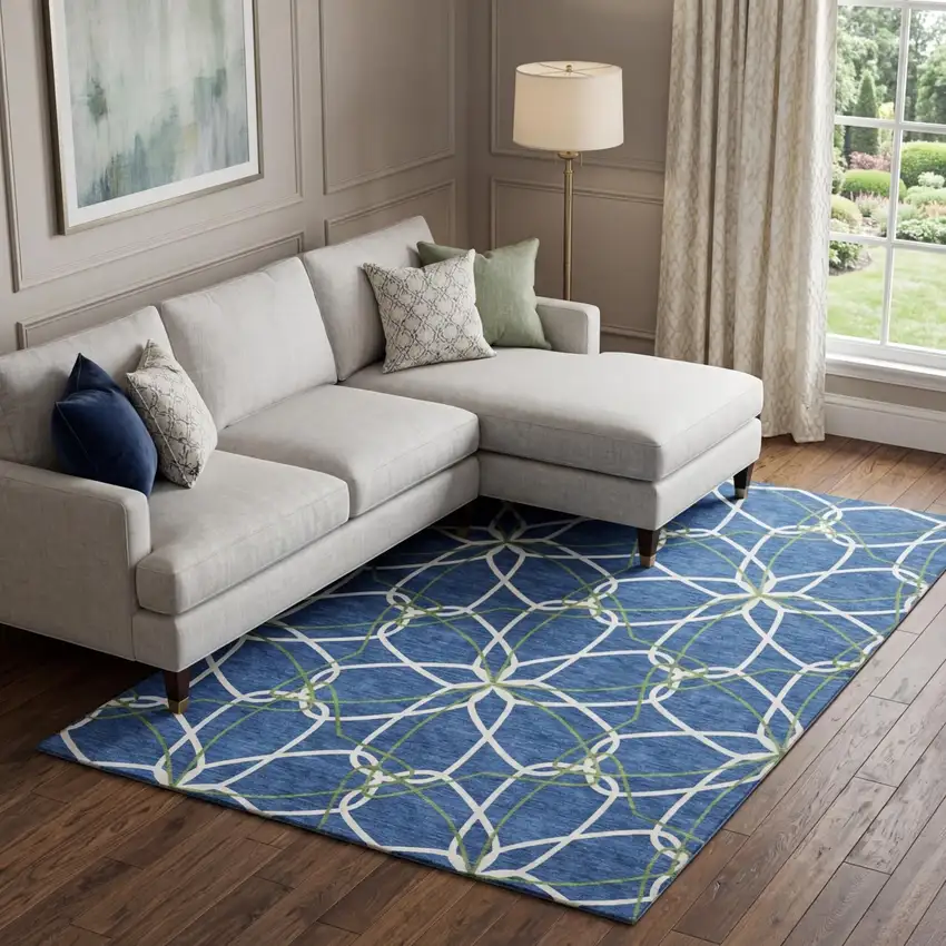 Navy Blue Ivory And Green Geometric Washable Area Rug With UV Protection Photo 1