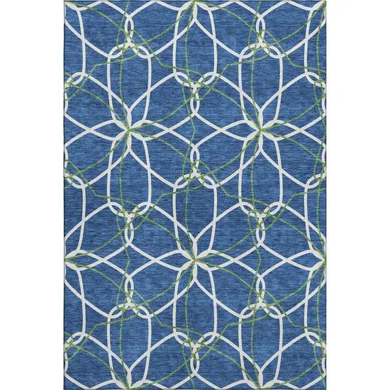 Navy Blue Ivory And Green Geometric Washable Area Rug With UV Protection Photo 1