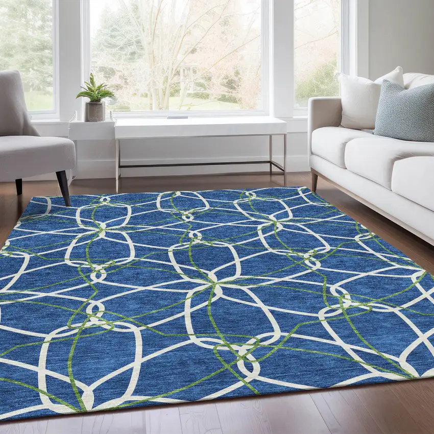 Navy Blue Ivory And Green Geometric Washable Area Rug With UV Protection Photo 5