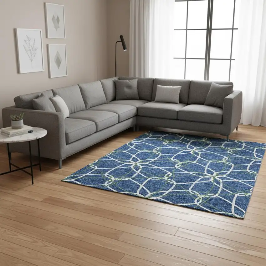 Navy Blue Ivory And Green Geometric Washable Area Rug With UV Protection Photo 2