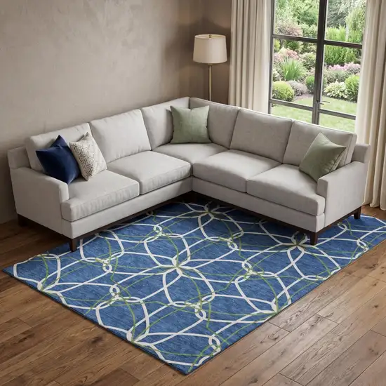 Navy Blue Ivory And Green Geometric Washable Area Rug With UV Protection Photo 1