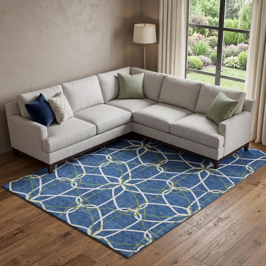 Navy Blue Ivory And Green Geometric Washable Area Rug With UV Protection Photo 1