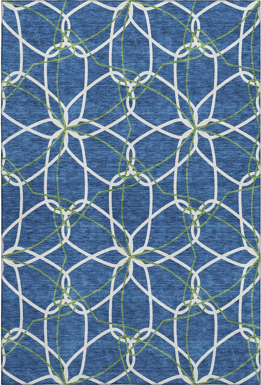 Navy Blue Ivory And Green Geometric Washable Area Rug With UV Protection Photo 1